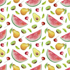 Watercolor fruit seamless pattern. Cute background with hand drawn tasty summer pear cherry watermelon kiwi fruits. Texture for decor, scrapbook, print, design. 