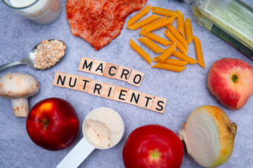 the inscription macronutrients next to food products such as milk, fruits, vegetables, meat. A...