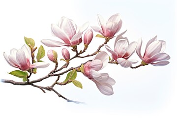 Fototapeta na wymiar Magnolia blossom branch in spring, isolated on a white backdrop. made using generative AI tools