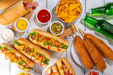 National Hot Dogs day background, hotdog summer party festival foods, Various type of traditional...