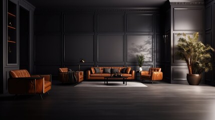 living room with modern interior design for home against the background of a dark classic wall,...