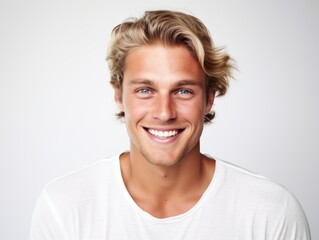 a closeup photo portrait of a handsome blonde scandinavian man smiling with clean teeth. for a dental ad. guy with fresh stylish hair with strong jawline. isolated on white background. Generative AI - obrazy, fototapety, plakaty