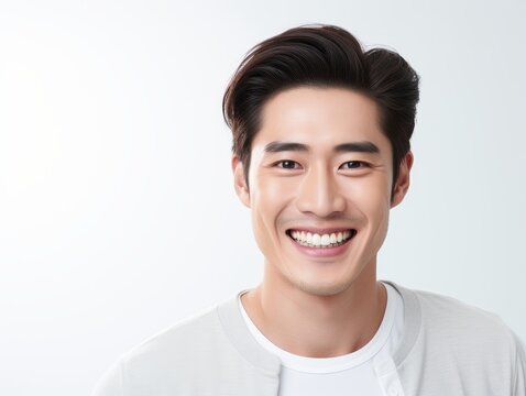 a closeup photo portrait of a handsome asian man smiling with clean teeth. used for a dental ad. guy with fresh stylish hair with strong jawline. isolated on white background. Generative AI