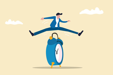 Businessman jump over time passing clock. concept of time management, success, deadline and efficiency