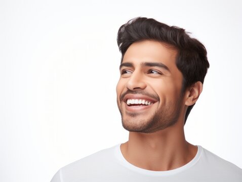 a closeup photo portrait of a handsome indian man smiling with clean teeth. used for a dental ad. guy with fresh stylish hair and beard with strong jawline. isolated on white background. Generative AI