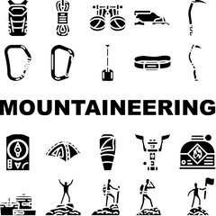 mountaineering tool sport icons set vector. adventure climbing, extreme equipment, climber activity, alpinism hiking, rope mountaineering tool sport glyph pictogram Illustrations