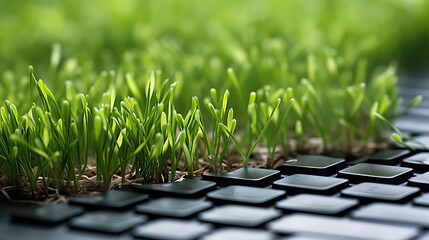 Green grass growing from computer keyboard. Environmental protection concept
