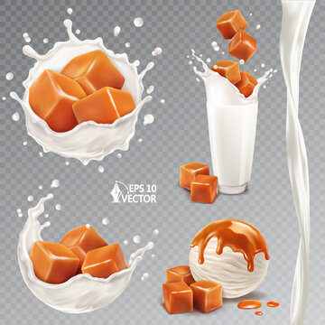 Vector splash of milk or yogurt, caramel dessert, flavored ice cream. Pieces of toffee falling into fresh milk. 3d realistic food illustration set