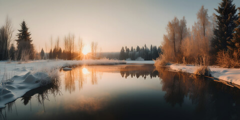 Snowy Winter Landscape with Stunning Sunrise Reflection in Frozen Lake