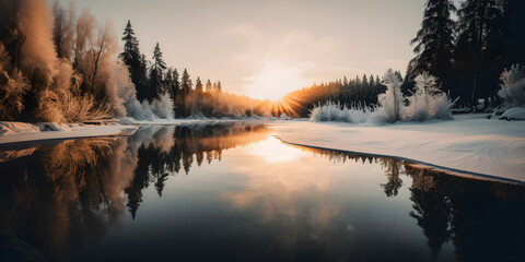 Snowy Winter Landscape with Stunning Sunrise Reflection in Frozen Lake