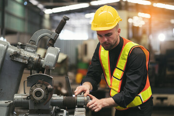 Male engineer worker working and inspecting parts quality of lathe machine in industry factory, wearing safety uniform, helmet. Male technician worker maintenance parts of machine in workshop