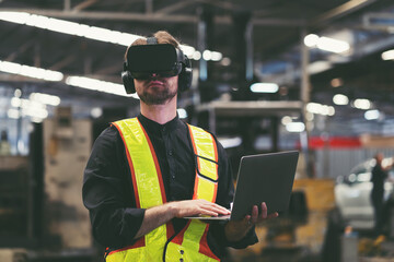 Male factory mechanic using virtual reality headset. Male engineer working or using virtual reality...