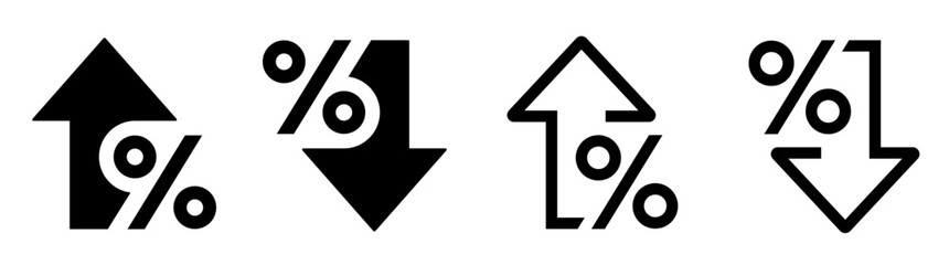 Percentage growth and decline icons set. Percent arrow up and down flat and line style symbols collection - stock vector.