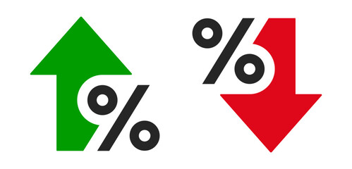Percentage growth and decline icons. Percent arrow up and down flat style symbols - stock vector. - obrazy, fototapety, plakaty