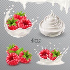 Realistic vector ripe raspberries in a milk or yogurt splash with drops. Bowl of fresh natural yogurt or cream. 3d isolated food illustration set