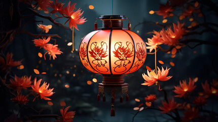 Antique lantern glowing in dark autumn night. Generative Ai