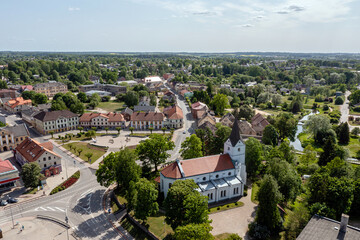 Aerial view of the city center and Saldus Lutheran Church. Saldus, Latvia