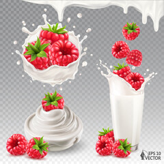 Realistic vector raspberry in milk or yogurt with drops. Bowl of natural yogurt or cream. Ripe berries falling into a glass of fresh milk. 3d isolated food illustrations set