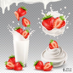 Realistic vector strawberry in milk or yogurt with drops. Bowl of natural yogurt or cream. Ripe berries falling into a glass of fresh milk. 3d isolated food illustrations set, strawberry collection