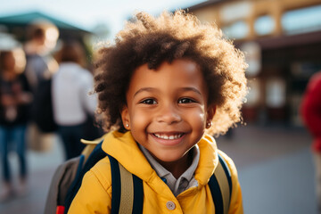 A close-up of a student's face, wearing a backpack and a wide grin, expressing excitement for the first day of school Generative AI