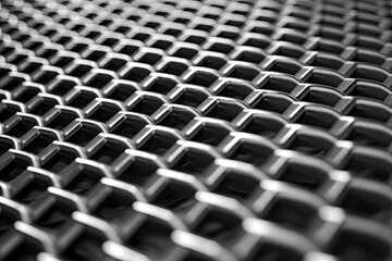 A close-up of a modern metal grid structure. The topics in this abstract black and white backdrop shot are contemporary industrial buildings or technology.