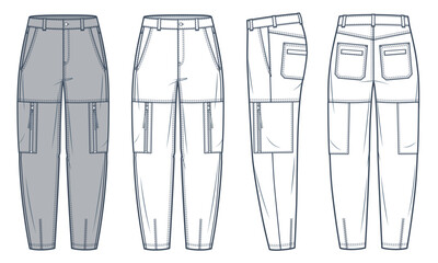Cargo Pants technical fashion Illustration, grey design. Jeans Pants fashion flat technical drawing template, gusset pockets, front, side and back view, white, women, men, unisex CAD mockup set.