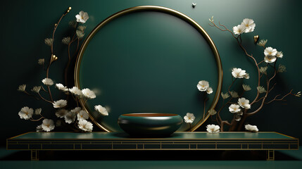 Obraz premium Luxury japan green podium decoration suitable for products3d rendering. Generative Ai