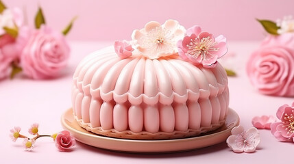 Obraz na płótnie Canvas Mooncake on light pink background with pink flower, concept moon cake. Generative Ai