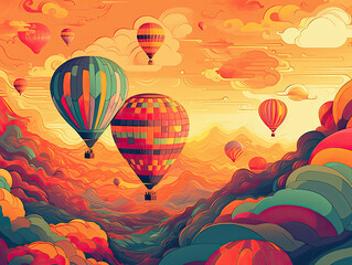 Naklejka premium Blazing Hot Air Balloons in Fiery Sky