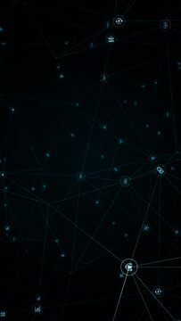 Blue digital money icon linked on grid mesh and line connection on futuristic abstract background technology, financial and cryptocurrency concept with camera zoom and seamless loop vertical video