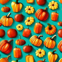 Background Pattern With an Assortment of Apples, Gourds, and Pumpkins on Turquoise
