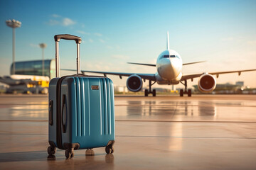 Blue luggage suitcase in airport on plane background.