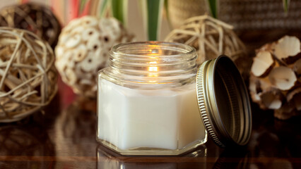 natural scented candle in glass jar on wood and unfocused background. Handmade scented candle for...