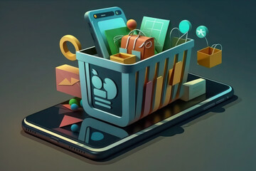 Shopping with trolley on smartphone. online shopping, delivery of goods through an application or gadget. generative ai