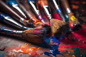 Fototapeta premium paints and brushes, Creative Close-Up of Brightly Painted Brushes on a Canvas, Showcasing Fine Droplets and Splatters of Paint