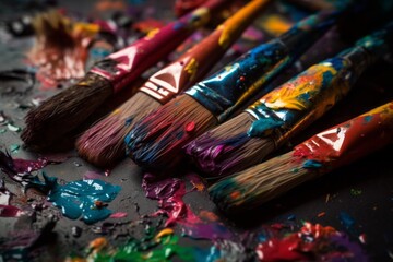Obraz premium paints and brushes, Creative Close-Up of Brightly Painted Brushes on a Canvas, Showcasing Fine Droplets and Splatters of Paint
