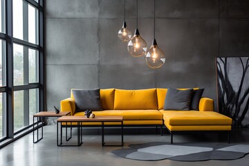 A comfy sofa, eye-catching modern d�cor, and light from a window against a concrete wall background comprise contemporary living room furniture in an apartment, home, or institution.