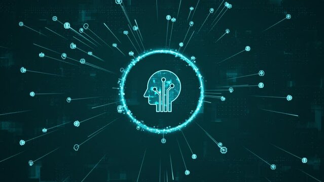 Motion graphic of Blue digital robot head logo and AI icons ring rotation around logo with ai icon spread and line linked on abstract background with Ai chatbot and machine learning technology concept