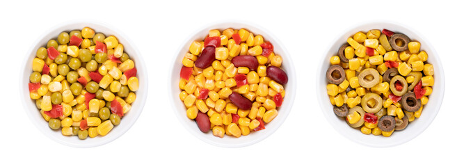 Canned corn, barbecue mixes, in white bowls. Vegetable maize, mixed with diced red bell peppers, and with green peas (left side), red kidney beans (center), and green and black sliced olives (right).