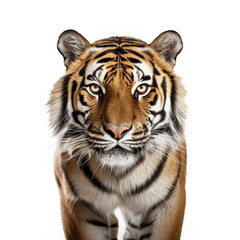 Fototapeta premium An adult tiger isolated on white background. Fierce eyes are watching the future.