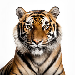 Obraz premium An adult tiger isolated on white background. Fierce eyes are watching the future.