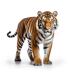 An adult tiger isolated on white background. Fierce eyes are watching the future.