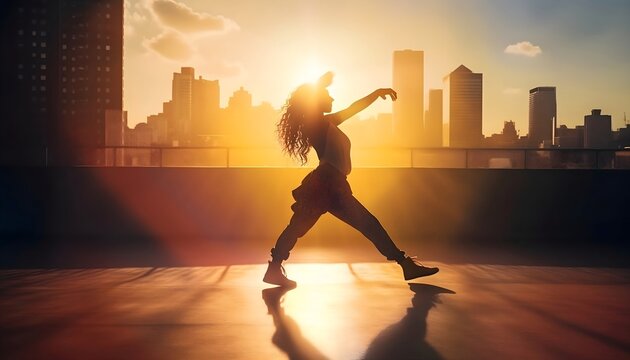 Dancing Silhouettes Graceful Movement at Sunset, Embracing the Skybuilding, Generative AI 