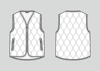 Padded warm collarless style gilet. Puffer vest. Vector technical sketch. Mockup template.