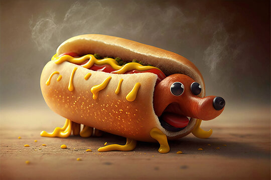 Cartoon hot dog looking like a real dog, fun and silly illustration, generative AI