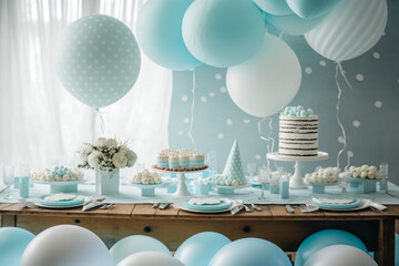 Light blue dessert table with baloons and confetti, baby shower concept for a boy, generative AI