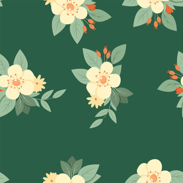 Vintage floral seamless pattern on dark green background