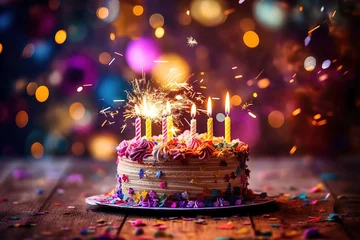 Fotobehang Colorful birthday cake with sprinkles and burn candles. Generative ai image © nuclear_lily