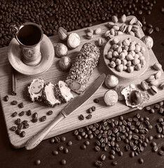 Sweets on the background of coffee on the table