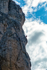 Climbing scene on Grigna mountain in the alps of Lecco